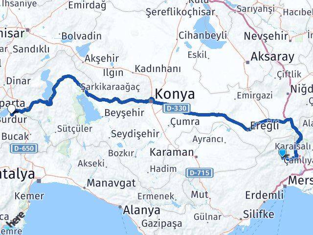 Mersin Çamlıyayla Burdur Arası Kaç Km - Yol Haritası