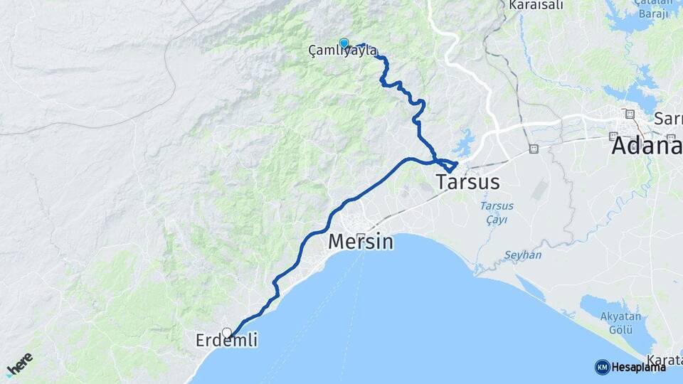 Mersin Çamlıyayla Erdemli Arası Kaç Km - Yol Haritası
