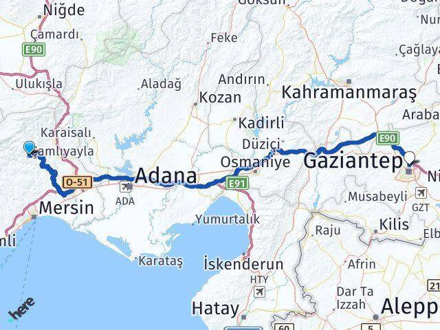 Mersin Çamlıyayla Gaziantep Arası Kaç Km - Yol Haritası