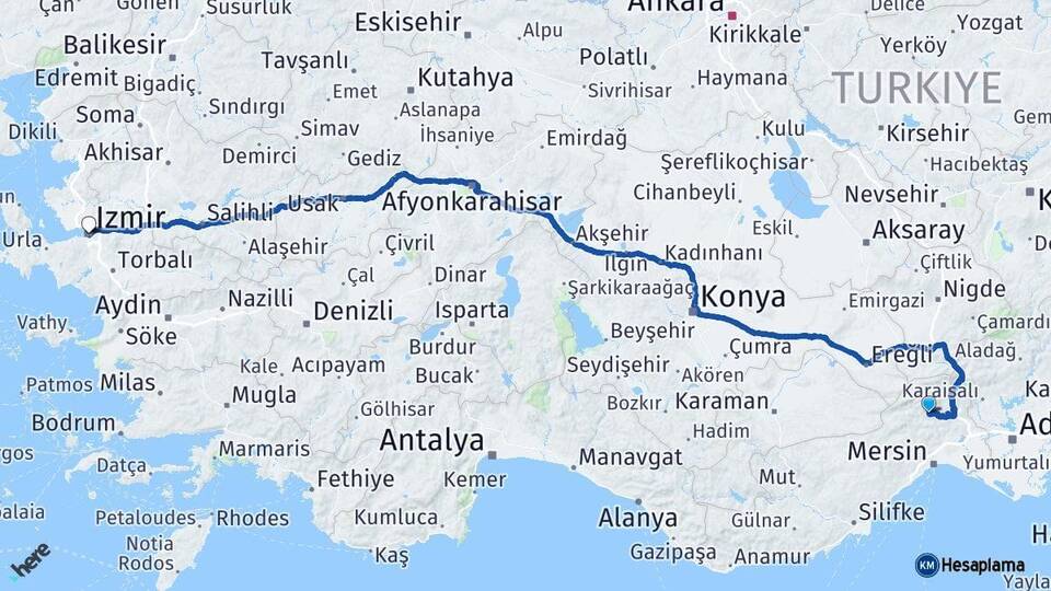 Mersin Çamlıyayla İzmir Arası Kaç Km - Yol Haritası