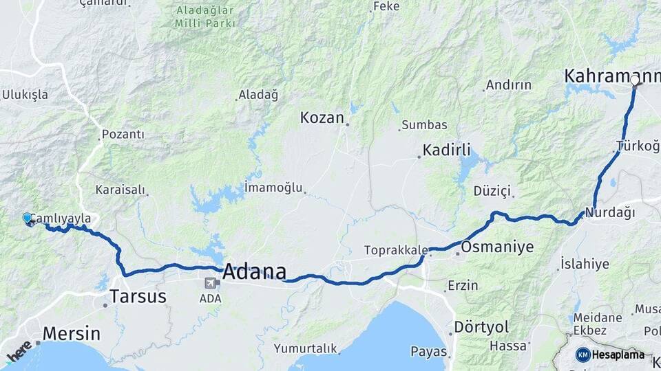 Mersin Çamlıyayla Kahramanmaraş Arası Kaç Km - Yol Haritası
