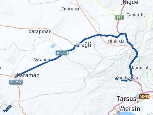 Mersin Çamlıyayla Karaman Arası Kaç Km - Yol Haritası