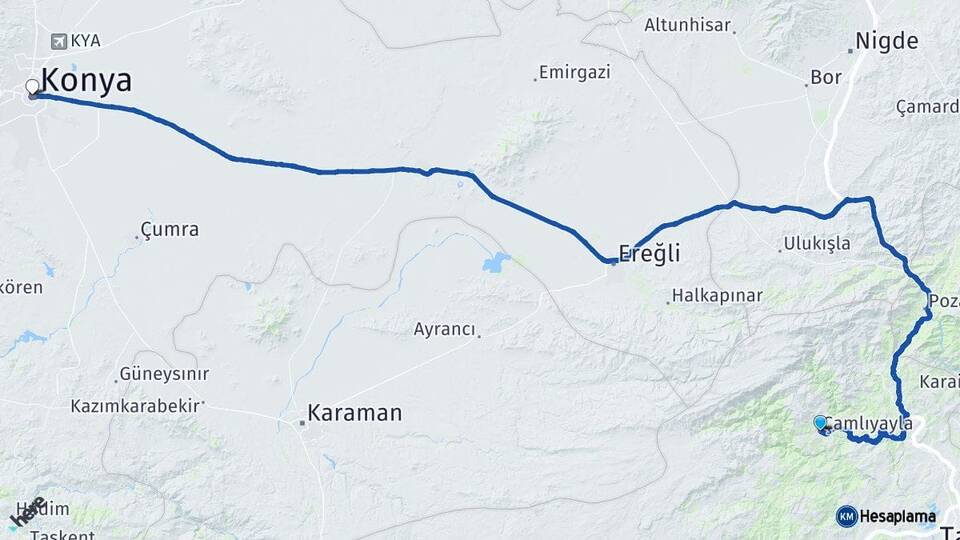 Mersin Çamlıyayla Konya Arası Kaç Km - Yol Haritası