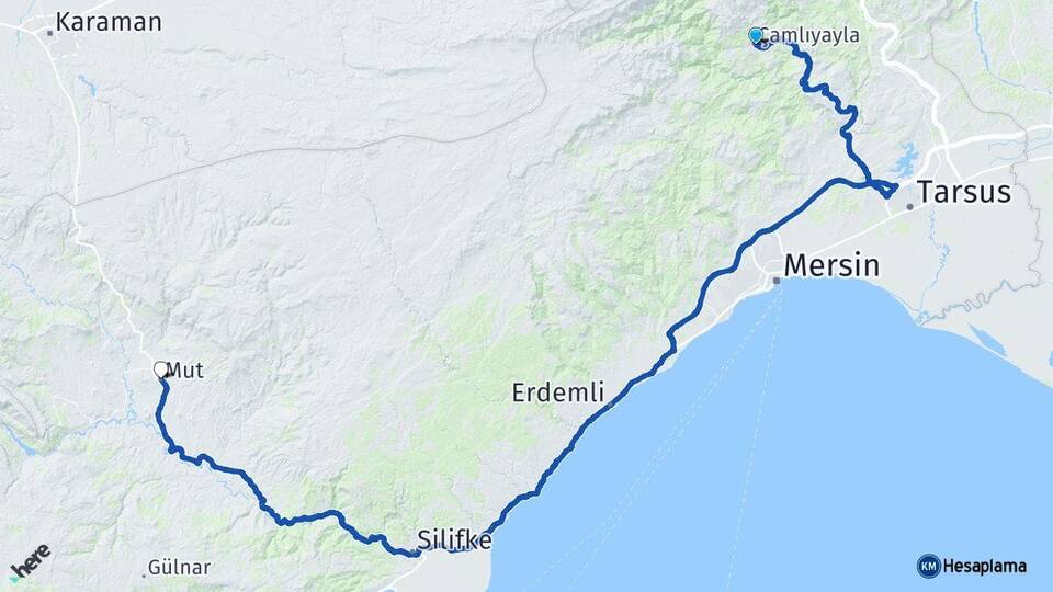 Mersin Çamlıyayla Mut Arası Kaç Km - Yol Haritası