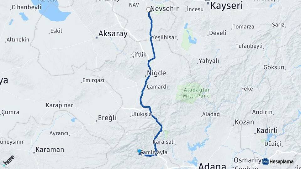 Mersin Çamlıyayla Nevşehir Arası Kaç Km - Yol Haritası