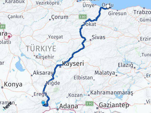 Mersin Çamlıyayla Ordu Arası Kaç Km - Yol Haritası