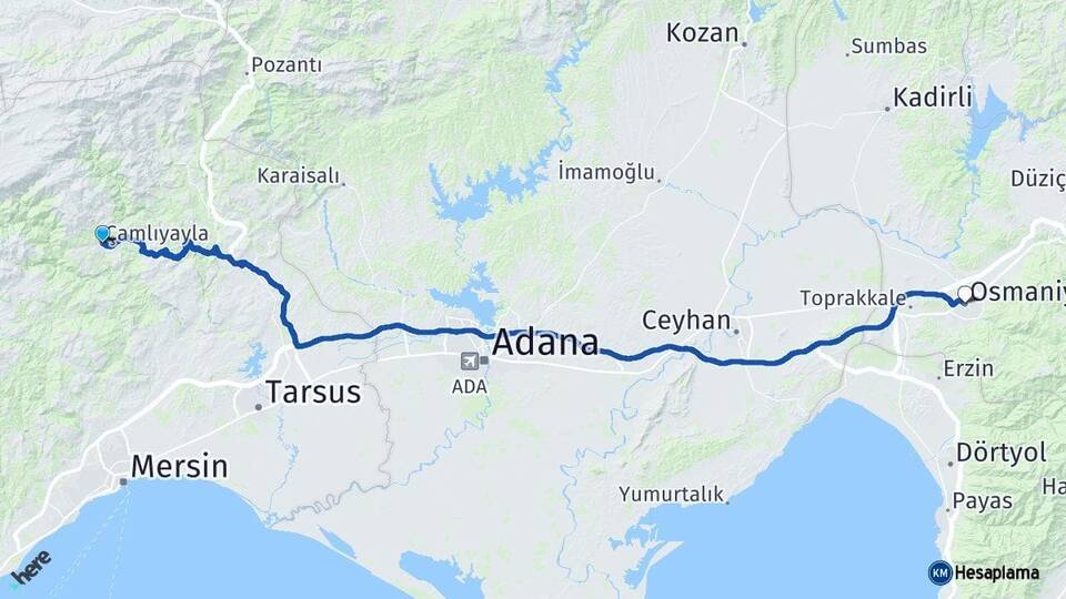 Mersin Çamlıyayla Osmaniye Arası Kaç Km - Yol Haritası
