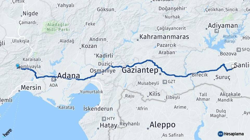 Mersin Çamlıyayla Şanlıurfa Arası Kaç Km - Yol Haritası