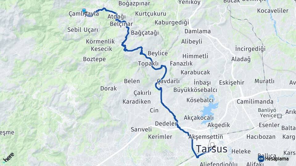 Mersin Çamlıyayla Tarsus Arası Kaç Km - Yol Haritası