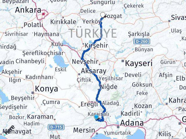Mersin Çamlıyayla Yozgat Arası Kaç Km - Yol Haritası
