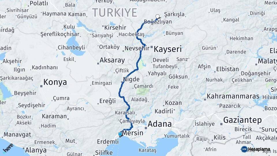 Mersin Çayıralan Yozgat Arası Kaç Km - Yol Haritası