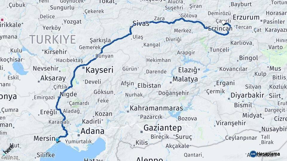 Mersin Çayırlı Erzincan Arası Kaç Km - Yol Haritası