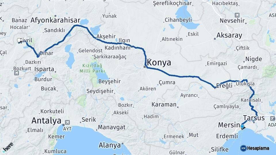 Mersin Çivril Denizli Arası Kaç Km - Yol Haritası