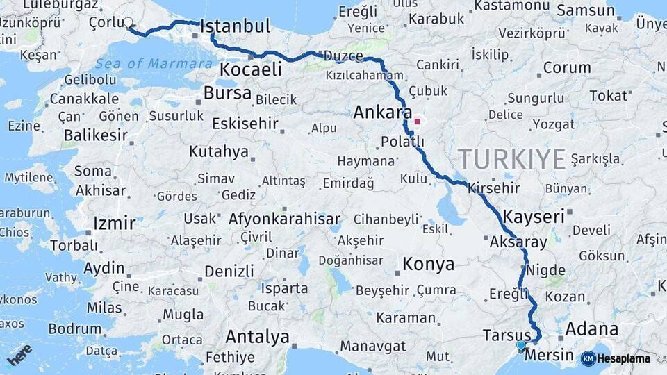 Mersin Çorlu Tekirdağ Arası Kaç Km - Yol Haritası