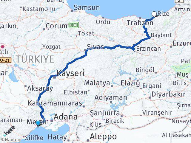 Mersin Derepazarı Rize Arası Kaç Km - Yol Haritası