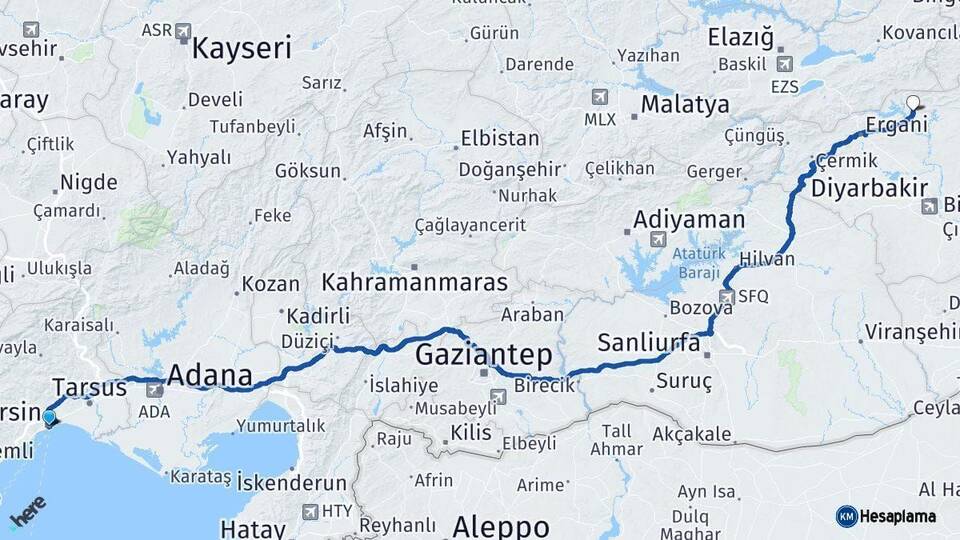 Mersin Dicle Diyarbakır Arası Kaç Km - Yol Haritası