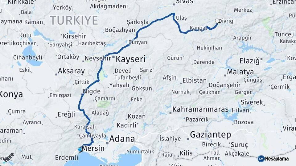 Mersin Divriği Sivas Arası Kaç Km - Yol Haritası