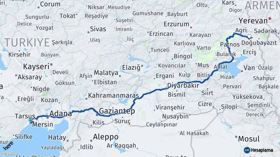 Mersin Diyadin Ağrı Arası Kaç Km - Yol Haritası