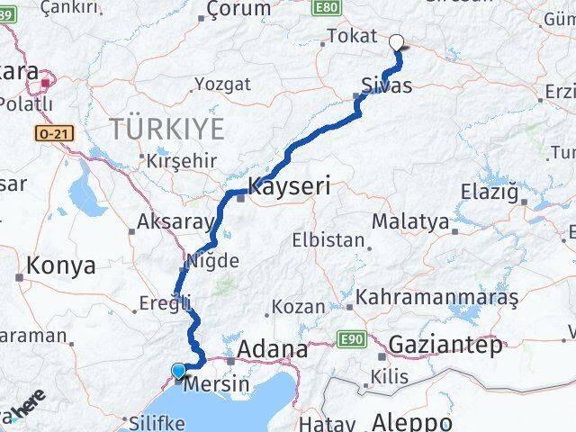 Mersin Doğanşar Sivas Arası Kaç Km - Yol Haritası