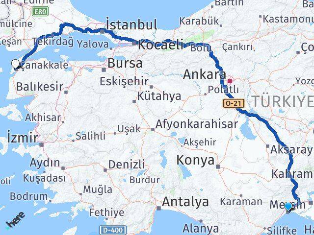 Mersin Eceabat Çanakkale Arası Kaç Km - Yol Haritası