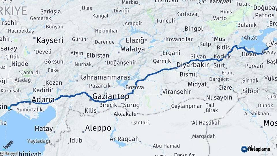 Mersin Edremit Van Arası Kaç Km - Yol Haritası
