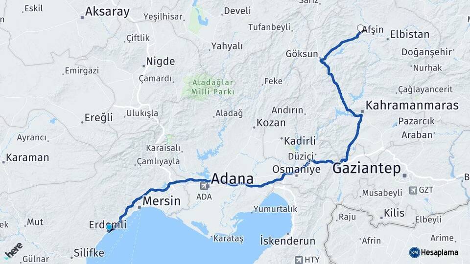 Mersin Erdemli Afşin Kahramanmaraş Arası Kaç Km - Yol Haritası
