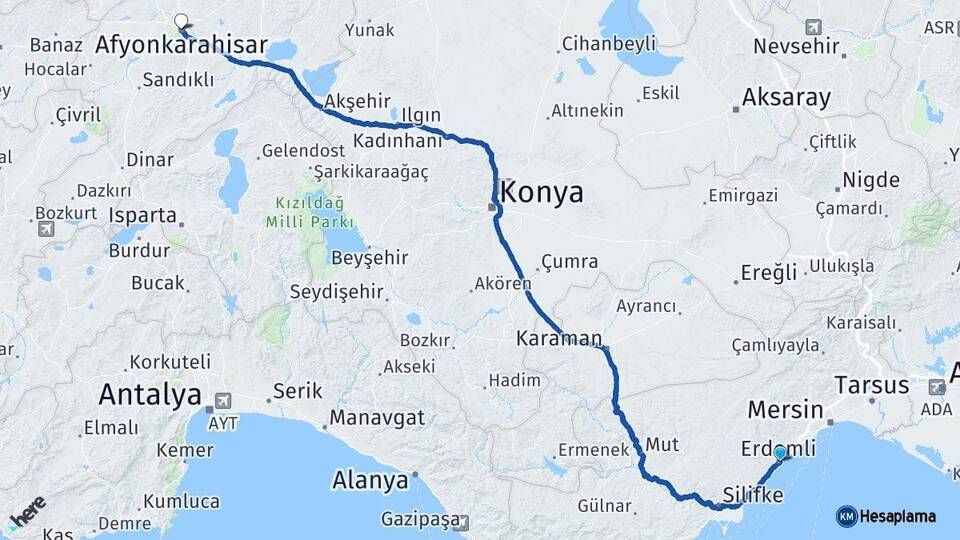Mersin Erdemli Afyonkarahisar Arası Kaç Km - Yol Haritası