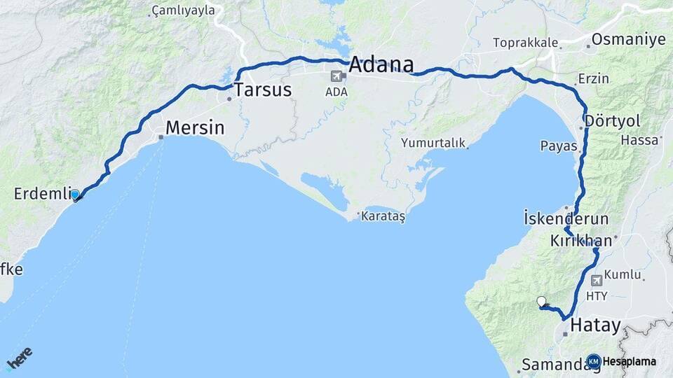 Mersin Erdemli Antakya Hatay Arası Kaç Km - Yol Haritası