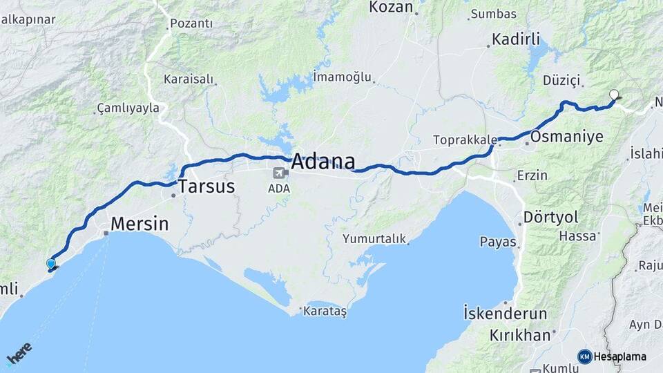 Mersin Erdemli Çeşmeli Bahçe Osmaniye Arası Kaç Km - Yol Haritası