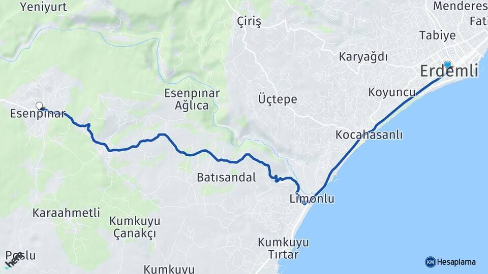 Mersin Erdemli Esenpınar Erdemli Arası Kaç Km - Yol Haritası