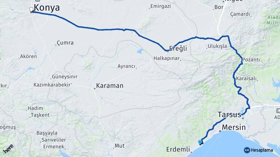 Mersin Erdemli Kargıpınarı Konya Arası Kaç Km - Yol Haritası