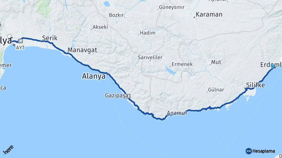 Mersin Erdemli Kepez Antalya Arası Kaç Km - Yol Haritası