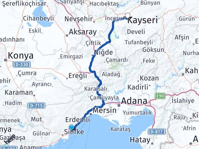 Mersin Erdemli Kızkalesi Talas Kayseri Arası Kaç Km - Yol Haritası