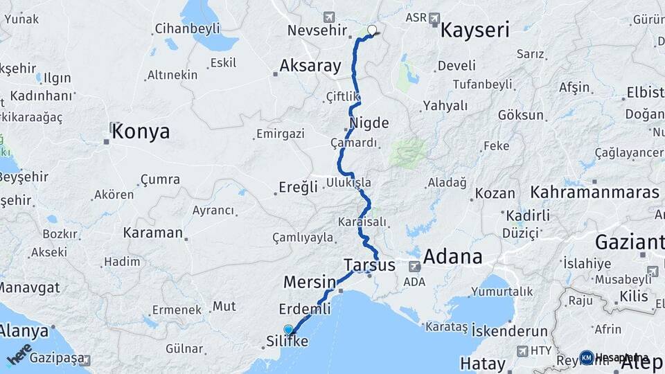 Mersin Erdemli Kızkalesi Ürgüp Nevşehir Arası Kaç Km - Yol Haritası
