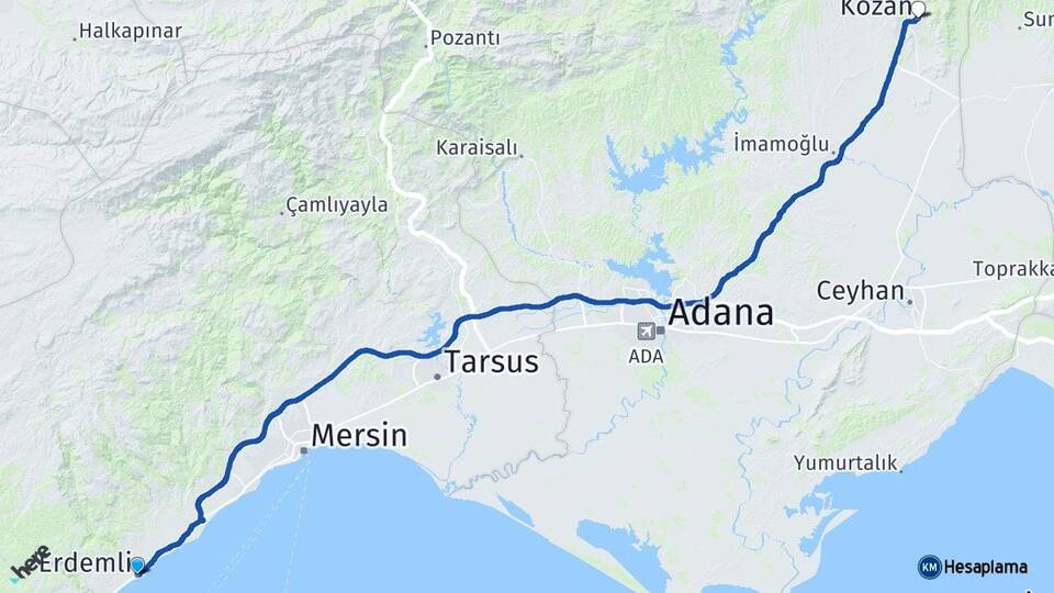 Mersin Erdemli Kozan Adana Arası Kaç Km - Yol Haritası