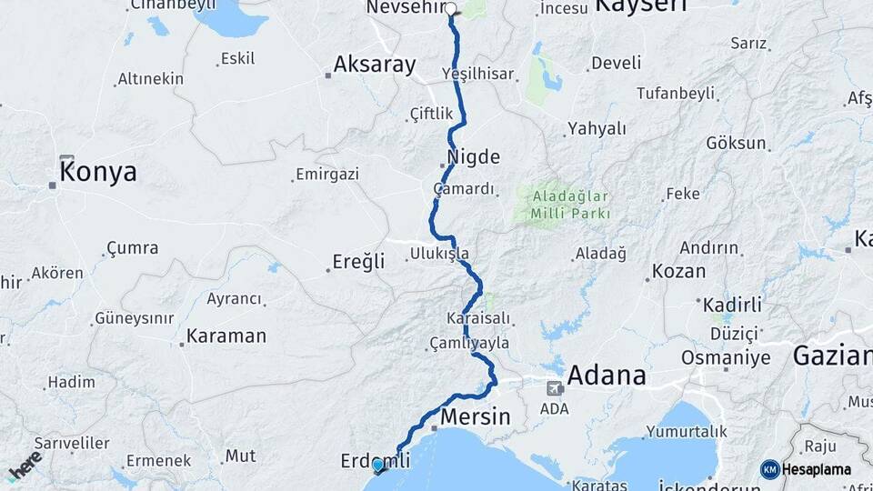 Mersin Erdemli Nevşehir Arası Kaç Km - Yol Haritası