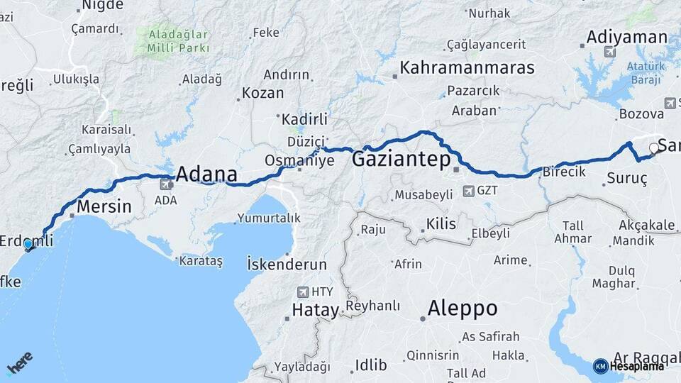 Mersin Erdemli Şanlıurfa Arası Kaç Km - Yol Haritası