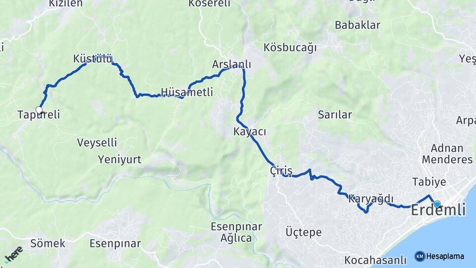 Mersin Erdemli Tapureli Erdemli Arası Kaç Km - Yol Haritası