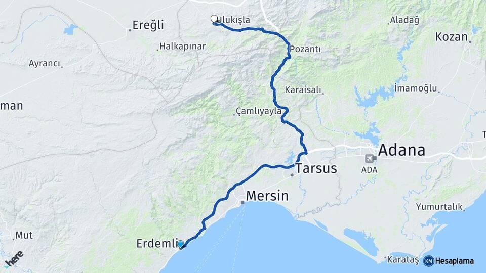 Mersin Erdemli Ulukışla Niğde Arası Kaç Km - Yol Haritası