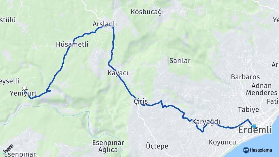 Mersin Erdemli Yeniyurt Erdemli Arası Kaç Km - Yol Haritası