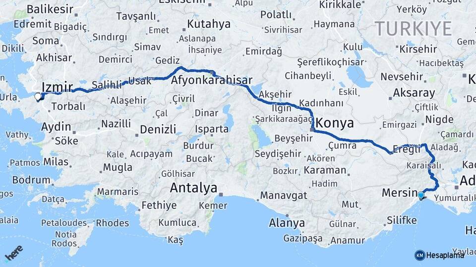 Mersin Gaziemir İzmir Arası Kaç Km - Yol Haritası
