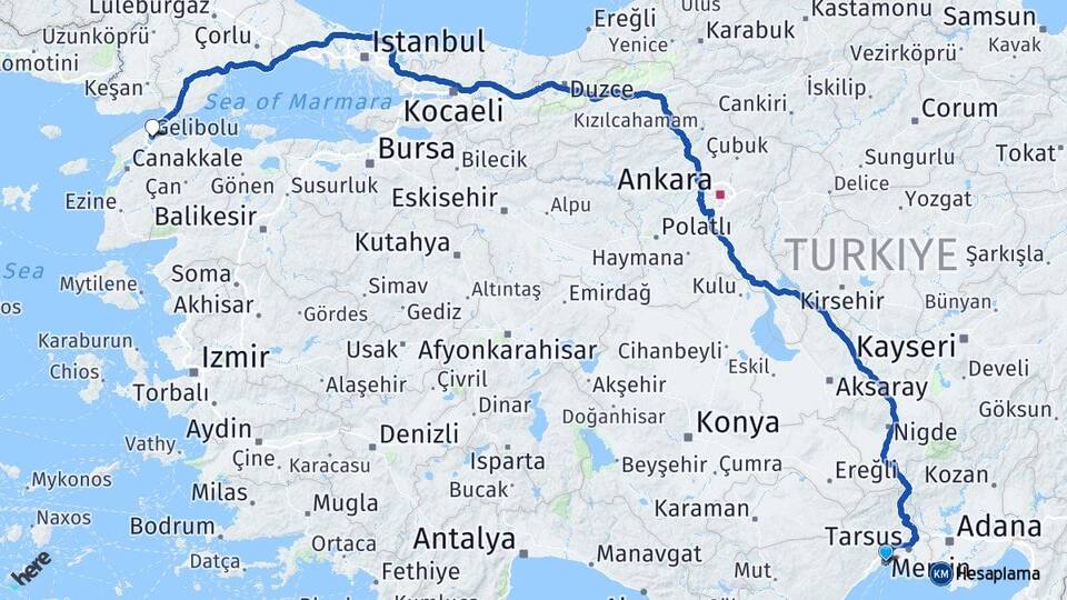 Mersin Gelibolu Çanakkale Arası Kaç Km - Yol Haritası