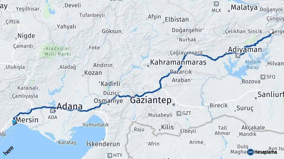Mersin Gerger Adıyaman Arası Kaç Km - Yol Haritası