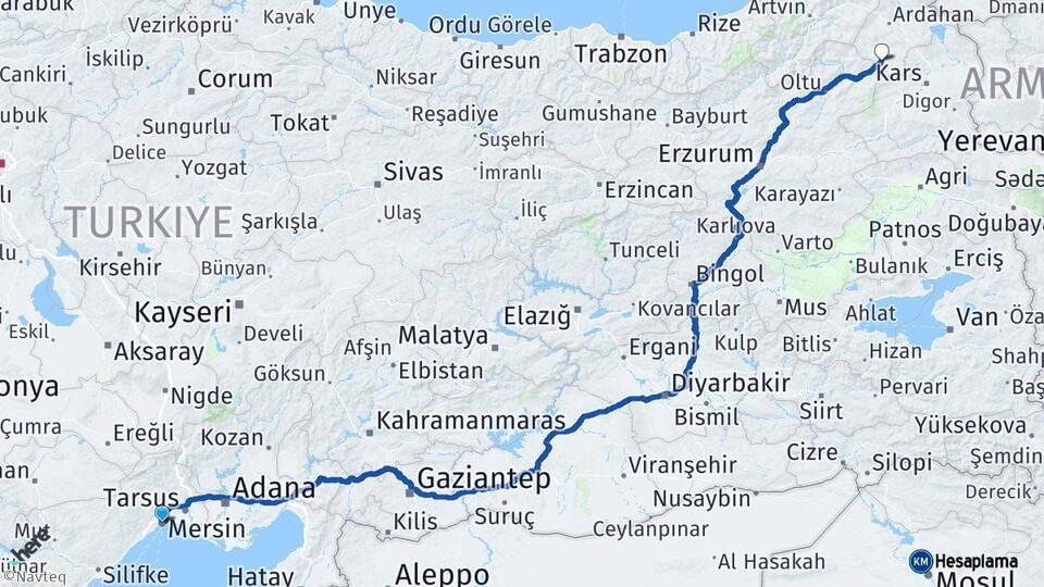 Mersin Göle Ardahan Arası Kaç Km - Yol Haritası