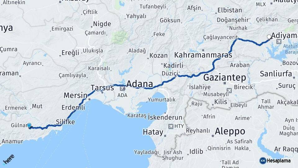 Mersin Gülnar Adıyaman Arası Kaç Km - Yol Haritası