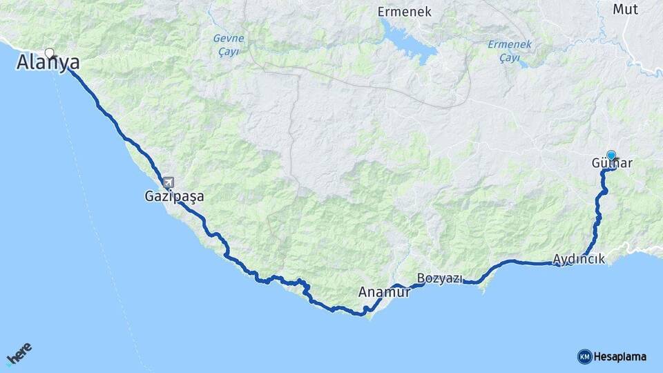 Mersin Gülnar Alanya Antalya Arası Kaç Km - Yol Haritası