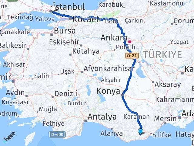 Mersin Gülnar Armağanevler Ümraniye İstanbul Arası Kaç Km - Yol Haritası