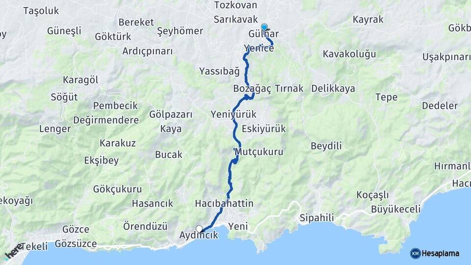 Mersin Gülnar Aydıncık Arası Kaç Km - Yol Haritası