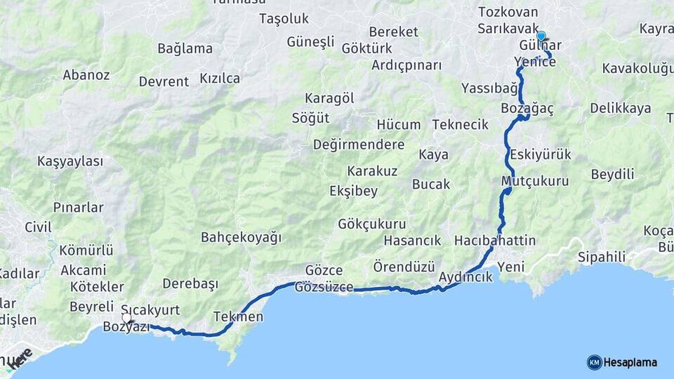 Mersin Gülnar Bozyazı Arası Kaç Km - Yol Haritası