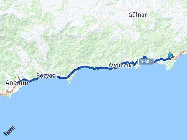 Mersin Gülnar Büyükeceli Anamur Arası Kaç Km - Yol Haritası